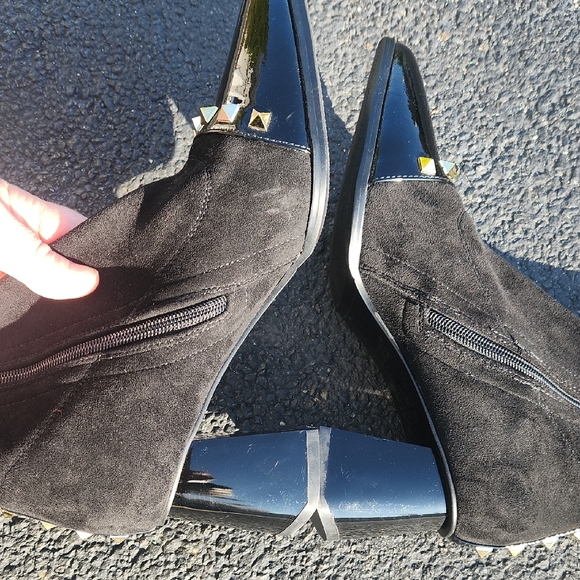 Black Suede Mid-Calf Heeled Boots with Gold Cap Toe and Stud Trim - Picture 16 of 16